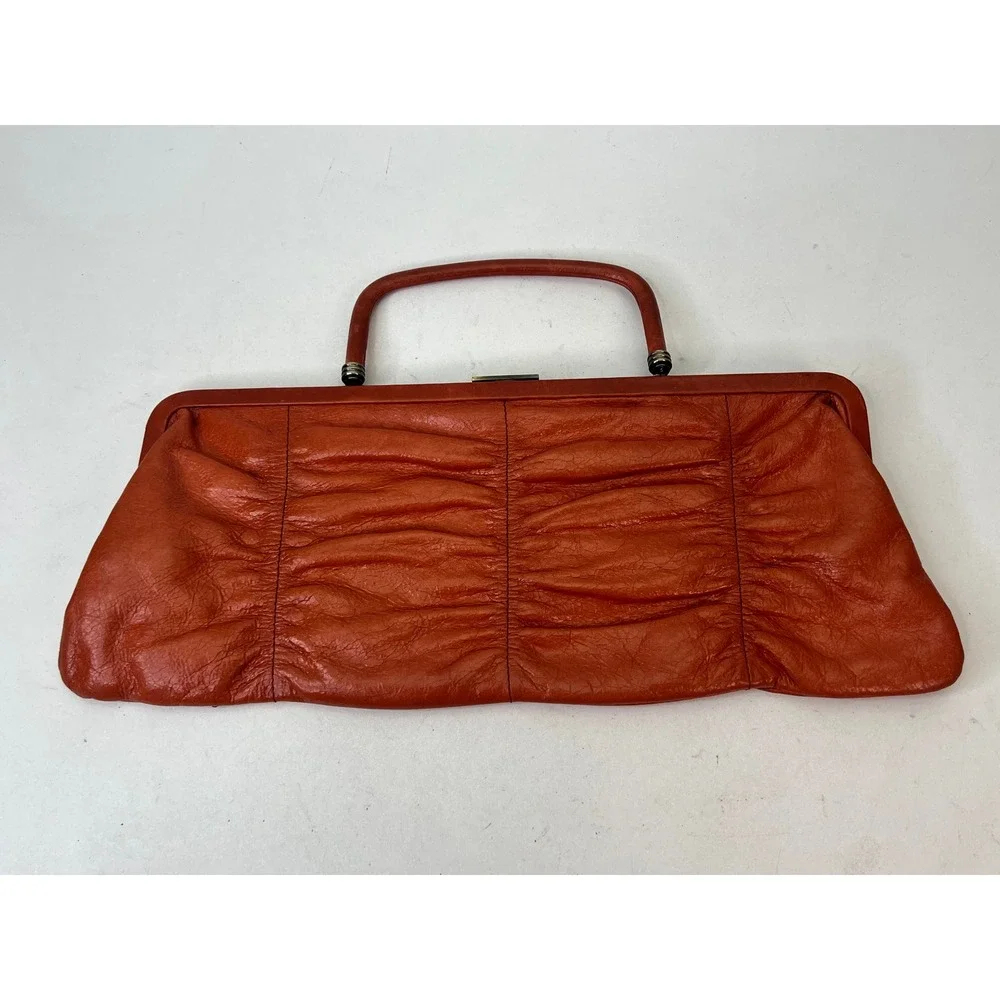 HOBO International Leather Baguette Frame Purse Ruched‎ Orange Boho